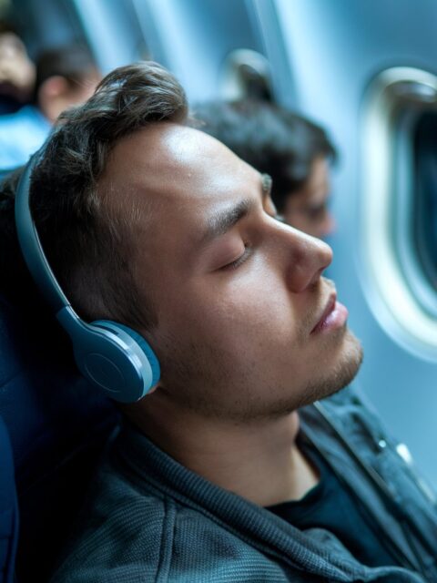 Man sitting comfortably on a plane and wearing headphones