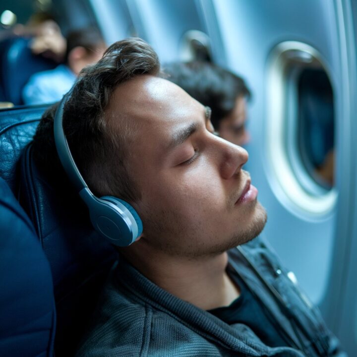 Man sitting comfortably on a plane and wearing headphones