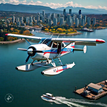 a pontoon sea plane flying over Vancouver British Columbia