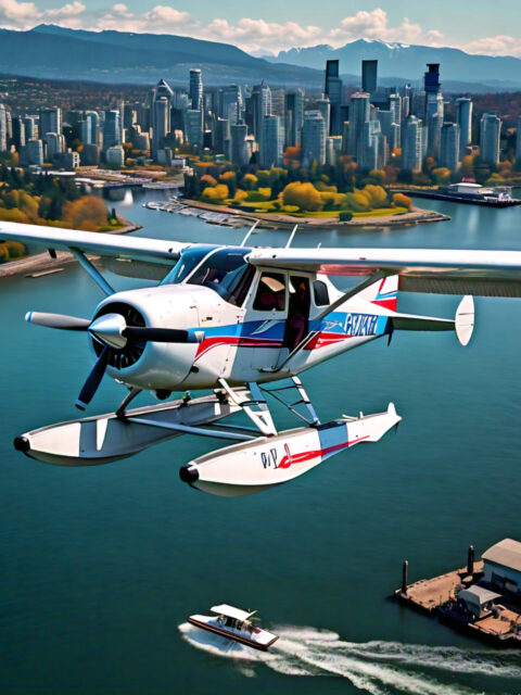 a pontoon sea plane flying over Vancouver British Columbia